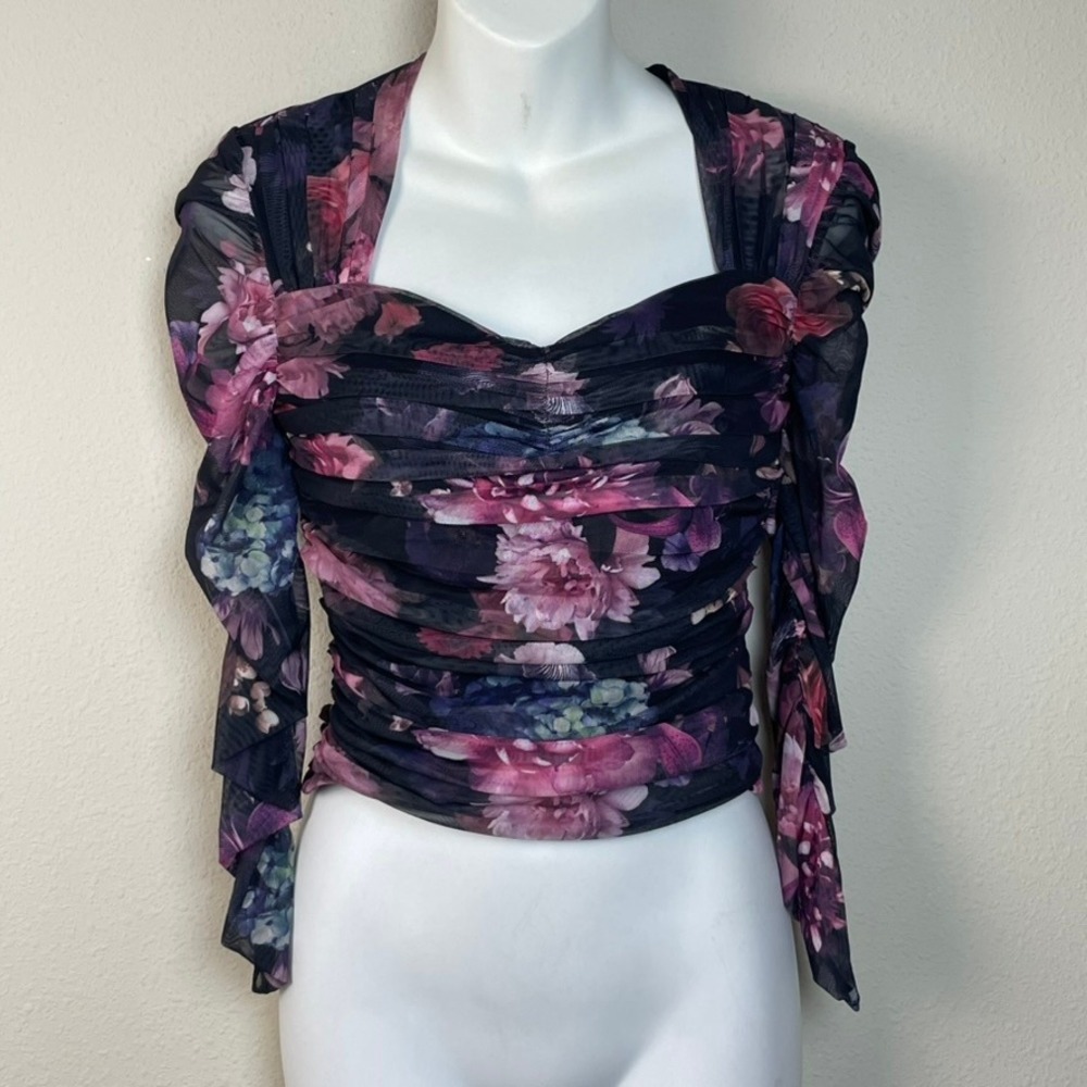 EXPRESS Body Contour Floral Ruched Mesh Long Sleeve Top Womens Size S Dark Fairy